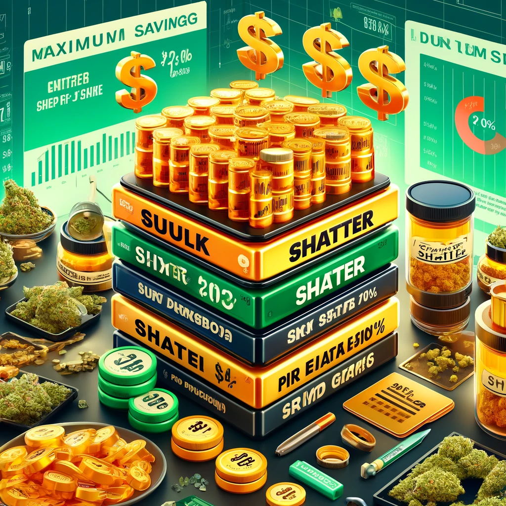 Large quantities of shatter cannabis showcased in stacks and jars, with price breakdowns per gram and savings percentages on a vibrant green and gold background.