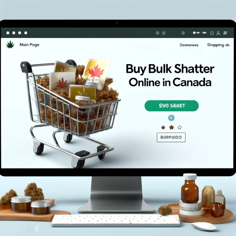 Digital shopping cart filled with cannabis shatter products on a computer screen displaying 'Buy Bulk Shatter Online in Canada'.