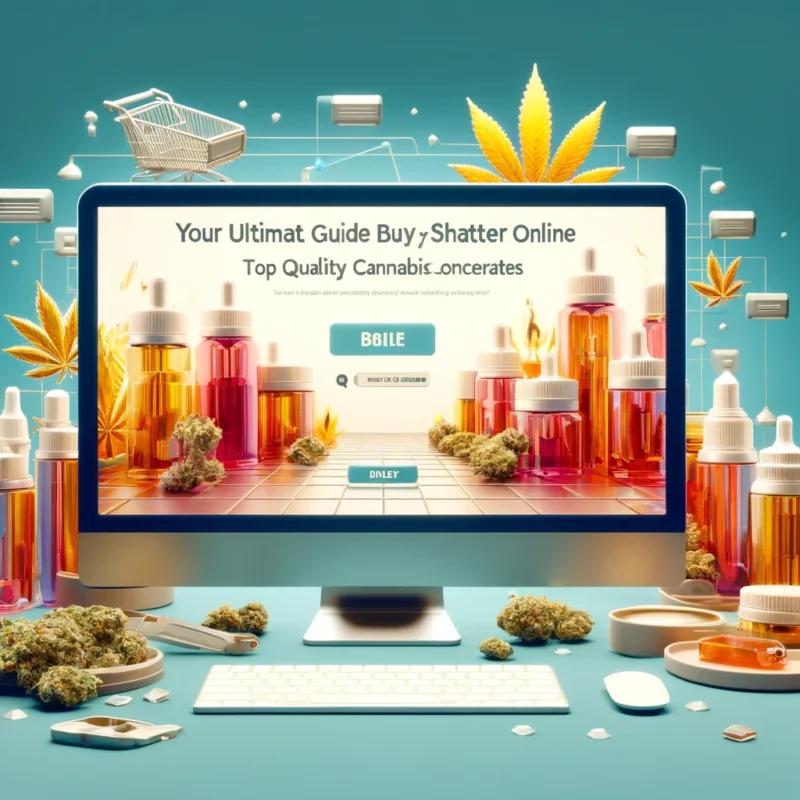 Vibrant blog header showcasing various cannabis shatter products on a digital display, emphasizing online shopping.